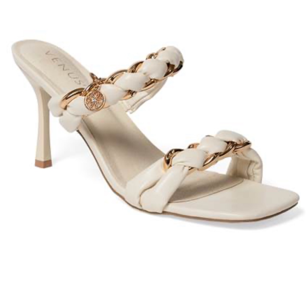 Elegant Chain Detail Slip On Sandals Color Cream Classy Chic Sz 8